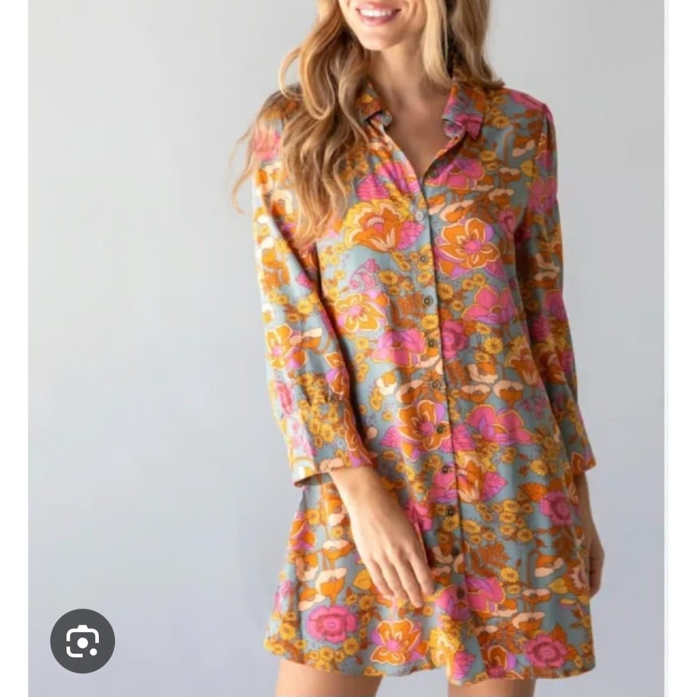 Natural Life Womens Retro Floral Button Down Shirt Dress Blue Orange Pink Small